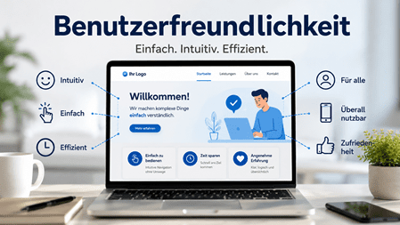 Laptop mit moderner, benutzerfreundlicher Website-Oberfläche. Symbole und Begriffe wie „Einfach“, „Intuitiv“ und „Effizient“ verdeutlichen eine klare Navigation, einfache Bedienung und optimale Nutzererfahrung auf allen Geräten.