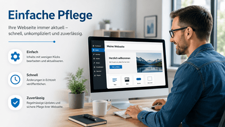 Person aktualisiert Inhalte einer modernen Website mit einem benutzerfreundlichen Content-Management-System. Das Bild steht für die einfache Pflege, schnelle Aktualisierung und professionelle Verwaltung von Webseiten.