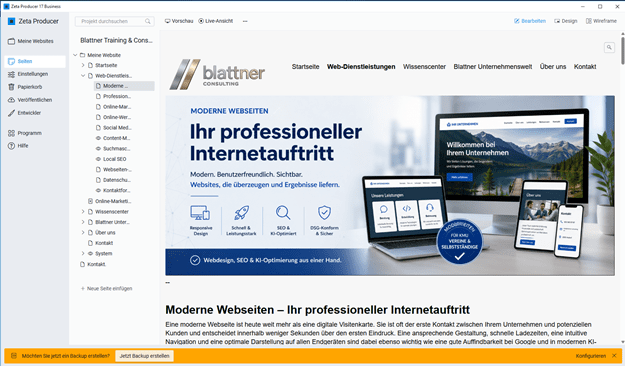 Ansicht Screenshot Anwendungsfenster Zeta Producer CMS
