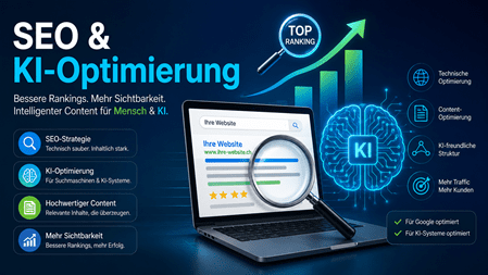 Illustration zum Thema SEO & KI-Optimierung mit Laptop, Lupe, KI-Grafik, steigenden Ranking-Balken und Symbolen für technische Optimierung, Content-Optimierung und höhere Sichtbarkeit in Suchmaschinen. Moderne Darstellung in Blau- und Grüntönen.