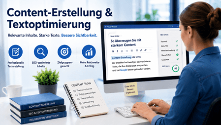 Frau erstellt hochwertige Inhalte und optimiert Texte an einem modernen Arbeitsplatz. Auf dem Bildschirm sind SEO-Analyse, Content-Erstellung und Textoptimierung dargestellt. Symbole verdeutlichen professionelle Texterstellung, SEO-Optimierung, zielgruppengerechte Inhalte sowie mehr Reichweite und Sichtbarkeit.