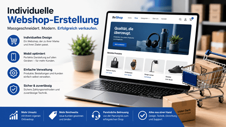Individuell gestalteter Webshop auf einem Laptop mit Einkaufswagen und Versandkartons als Symbol für professionelle E-Commerce-Lösungen. Moderne Darstellung in Blau mit Fokus auf massgeschneiderte Webshop-Erstellung, sicheres Online-Shopping und erfolgreichen Online-Verkauf.