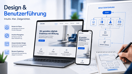 Modernes Banner zum Thema Design & Benutzerführung mit Laptop, Smartphone und UX-Prozessdiagramm. Das Bild zeigt eine benutzerfreundliche Website auf verschiedenen Geräten sowie die Planung einer intuitiven Navigation und eines modernen Webdesigns für eine optimale Nutzererfahrung.