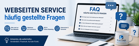 Webseiten Service – häufig gestellte Fragen (FAQ): Modernes Banner mit Laptop, FAQ-Darstellung sowie Symbolen für Webseiten, Webshops, SEO, Online-Marketing und Datenschutz – zentrale Anlaufstelle für Antworten rund um den Webseiten-Service von Blattner Consulting.