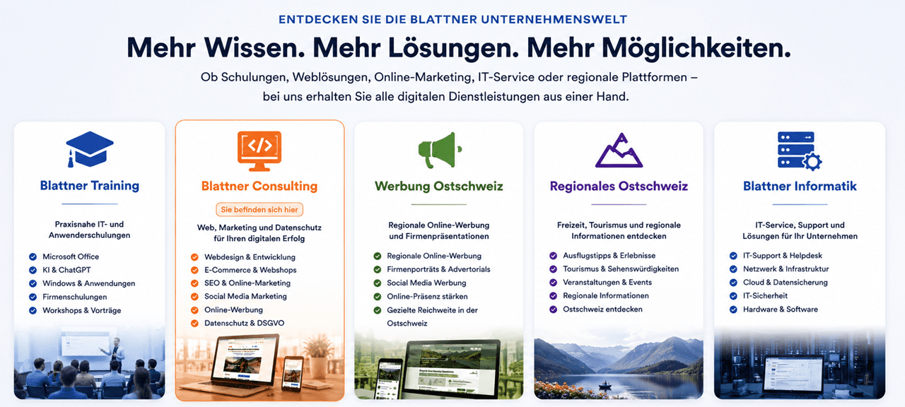 Modern gestaltetes Banner der Blattner Unternehmenswelt mit der Überschrift „Mehr Wissen. Mehr Lösungen. Mehr Möglichkeiten.“. Darunter wird erklärt, dass Blattner digitale Dienstleistungen aus einer Hand anbietet – von Schulungen über IT-Lösungen und Online-Werbung bis hin zu regionalen Plattformen. Das Banner ist in vier Bereiche gegliedert: Blattner Training mit IT-Schulungen, Microsoft Office, KI & ChatGPT, Windows-Anwendungen und Firmenschulungen; Blattner Informatik mit Webdesign, E-Commerce, SEO, Social Media Marketing, Datenschutz sowie IT-Beratung; Werbung Ostschweiz mit regionaler Online-Werbung, Firmenporträts, Advertorials, Social-Media-Werbung und Massnahmen zur Steigerung der Online-Sichtbarkeit; sowie Regionales Ostschweiz mit Freizeit- und Ausflugstipps, Tourismusinformationen, Veranstaltungen und regionalen Inhalten. Die vier Bereiche werden durch passende Symbole und Bilder illustriert: ein Schulungsraum, eine moderne Website auf Laptop und Smartphone, eine Werbeplattform sowie eine Ostschweizer Berg- und Seenlandschaft. Am unteren Rand fasst der Slogan zusammen: „Vier Bereiche. Ein Ziel: Digitale Lösungen, die Sie weiterbringen.“