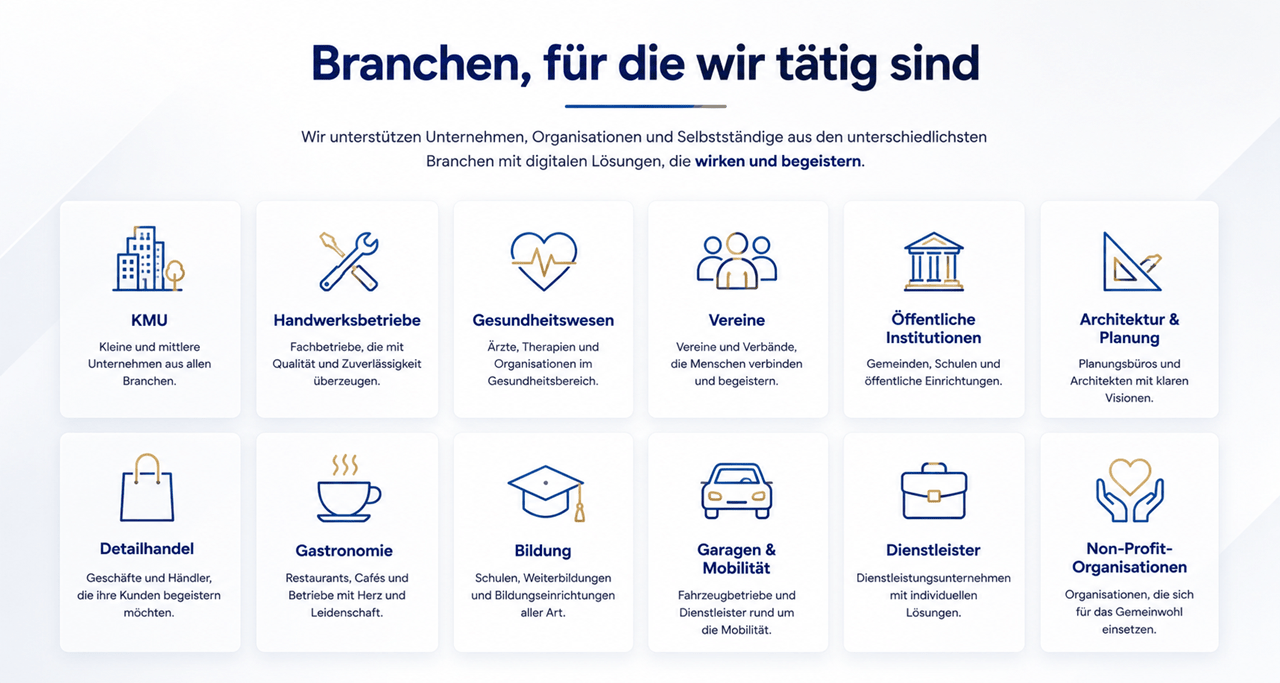 Grafik mit der Überschrift „Branchen, für die wir tätig sind“. Die Darstellung zeigt die vielfältigen Zielgruppen von Blattner Training & Consulting. Unterstützt werden Unternehmen, Organisationen und Selbstständige aus unterschiedlichsten Branchen mit digitalen Lösungen, die wirken und begeistern. Präsentiert werden zwölf Branchen mit passenden Symbolen: KMU, Handwerksbetriebe, Gesundheitswesen, Vereine, Öffentliche Institutionen, Architektur & Planung, Detailhandel, Gastronomie, Bildung, Garagen & Mobilität, Dienstleister sowie Non-Profit-Organisationen. Das moderne Design mit blauen und goldenen Akzenten vermittelt Kompetenz, Vielseitigkeit und branchenspezifische Erfahrung in der digitalen Beratung, Webentwicklung, Online-Marketing und IT-Schulung.