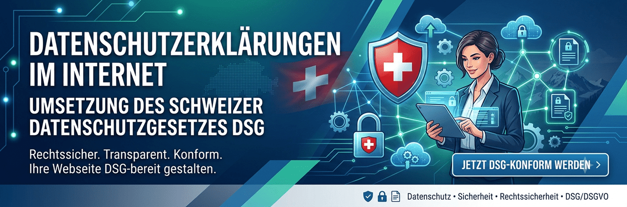 Professionelles Webseitenbanner zum Thema „Datenschutzerklärungen im Internet“ und der Umsetzung des Schweizer Datenschutzgesetzes (DSG). Das Design in Blau- und Grüntönen zeigt Symbole für digitale Sicherheit, wie ein Schild und ein Vorhängeschloss mit Schweizerkreuz, sowie eine Business-Frau mit Tablet vor einem digital vernetzten Hintergrund. Links steht der prägnante Text: „Datenschutzerklärungen im Internet – Umsetzung des Schweizer Datenschutzgesetzes DSG“.