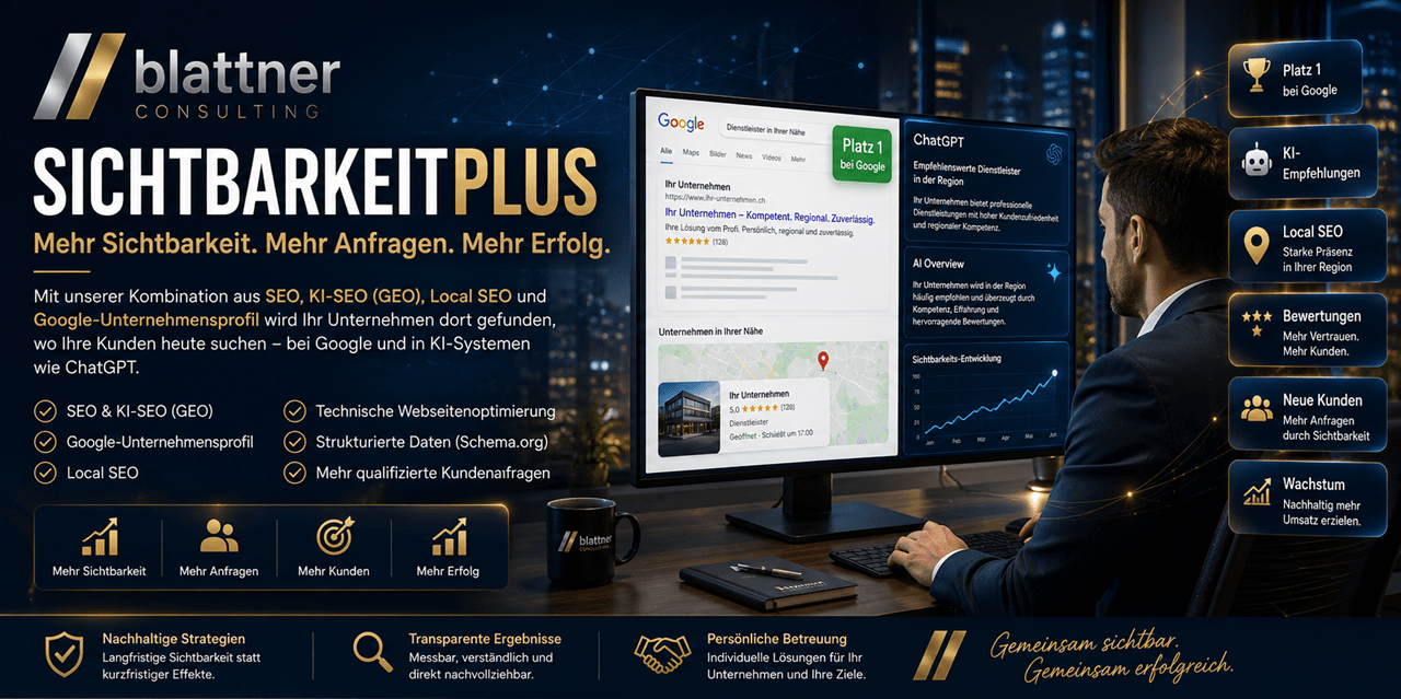 Modernes Seitenbanner für das Angebot SichtbarkeitPlus von Blattner Consulting. Ein Unternehmer analysiert auf einem grossen Bildschirm Google-Suchergebnisse, KI-SEO, Local SEO und Leistungskennzahlen. Grafische Elemente mit Rankings, Bewertungen, Reichweite und Kundenanfragen verdeutlichen, wie SEO, KI-SEO (GEO), Google-Unternehmensprofil und strukturierte Daten die Online-Sichtbarkeit erhöhen und nachhaltig mehr qualifizierte Kunden für Unternehmen und KMU gewinnen.