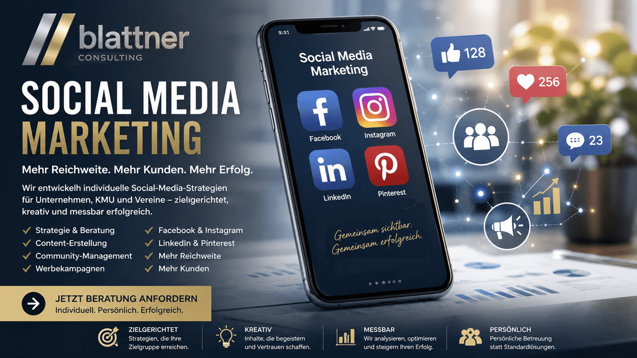 Modernes Werbebanner für Social Media Marketing von Blattner Consulting. Ein Smartphone mit Facebook-, Instagram-, LinkedIn- und Pinterest-Apps symbolisiert professionelle Social-Media-Betreuung für Unternehmen, KMU und Vereine. Grafische Elemente wie Reichweiten-, Interaktions- und Wachstumssymbole verdeutlichen den Fokus auf mehr Sichtbarkeit, mehr Kunden und nachhaltigen Unternehmenserfolg durch individuelle Strategien, Content-Erstellung und Werbekampagnen.