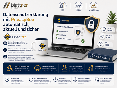 Werbegrafik von blattner CONSULTING für das Produkt PrivacyBee. Slogan: „Datenschutzerklärung mit PrivacyBee automatisch, aktuell und sicher“. Gezeigt wird ein Laptop mit einer Datenschutzerklärung auf dem Bildschirm, geschützt durch ein goldenes Schild-Symbol mit Schloss. Die Dienstleistung richtet sich an KMU, Vereine und Selbstständige zur Einhaltung von DSG & DSGVO.