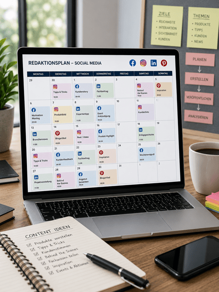 Grafik zum Thema Redaktionsplanung mit dem Text „Regelmässige Veröffentlichungen sorgen für eine kontinuierliche Präsenz“. Aufgelistet sind die Social-Media-Plattformen Facebook, Instagram, LinkedIn und Pinterest.