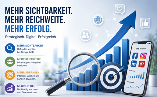 Bild: Symbolgrafik mit Wachstumspfeil, Lupe, Zielscheibe und Smartphone.