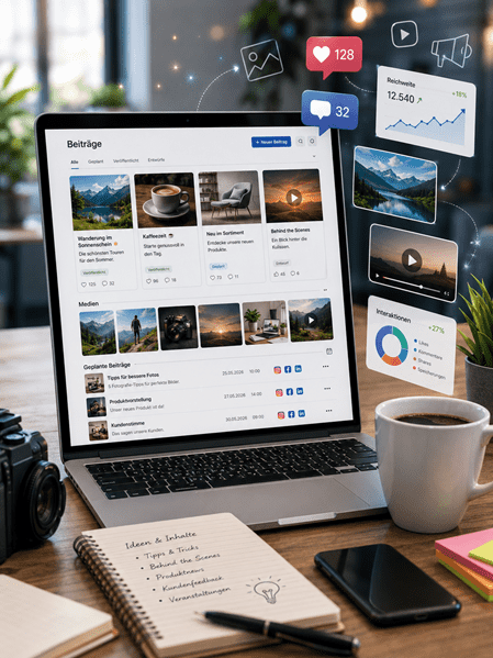 Grafik zum Thema Content-Erstellung für Social Media Marketing mit einer Auflistung von Leistungen wie Beiträgen, Grafiken, Kurzvideos, Reels und Storys.