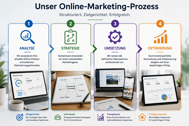 Unser Online-Marketing-Prozess (Bild: Vier verbundene Schritte als moderner Prozess.) 1. Analyse Wir analysieren Ihre aktuelle Online-Präsenz und erkennen Optimierungspotenziale. 2. Strategie Gemeinsam entwickeln wir einen individuellen Marketingplan. 3. Umsetzung Wir setzen die definierten Massnahmen professionell um. 4. Optimierung Durch kontinuierliche Auswertung und Verbesserung steigern wir Ihren langfristigen Erfolg.