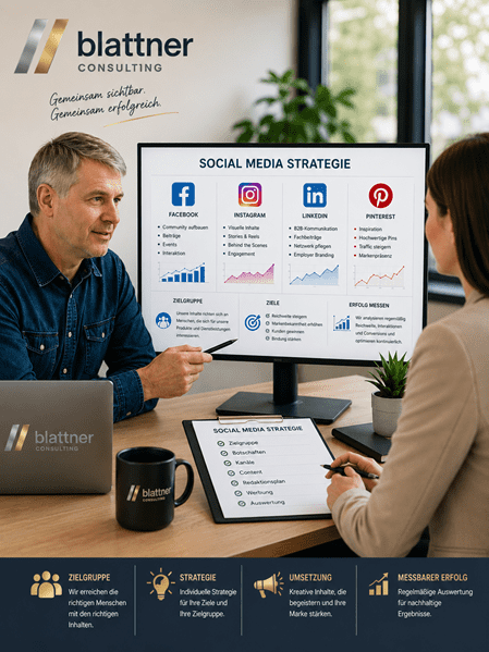 Grafische Darstellung zum Thema Social Media Strategie und Beratung mit den Kernpunkten: Zielgruppen, Plattformen, Kommunikationsstil, Inhalte, Rhythmus und Marketingziele.