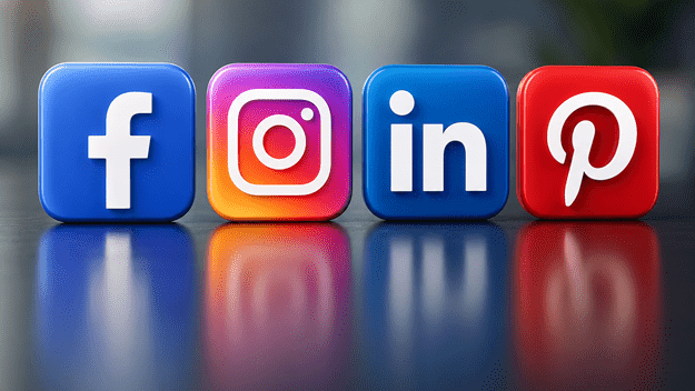 Soziale Medien-Icons auf reflektierender Oberfläche Infografik zur Nutzung von Facebook, Instagram, LinkedIn und Pinterest für Unternehmen und Vereine basierend auf deren Stärken.