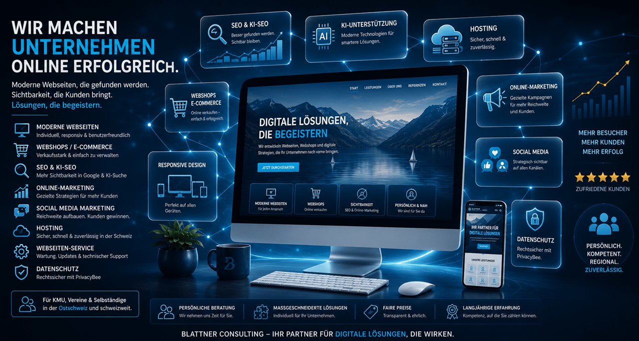 Ein dunkelblaues Banner für Blattner Consulting mit dem Text „WIR MACHEN UNTERNEHMEN ONLINE ERFOLGREICH.“. Es zeigt eine Vorschau einer modernen Website auf einem Computer und Smartphone, umgeben von Infokästen, die digitale Dienstleistungen wie SEO, Webshops, Marketing, Hosting und Datenschutz auflisten. Der untere Slogan lautet: „BLATTNER CONSULTING – IHR PARTNER FÜR DIGITALE LÖSUNGEN, DIE WIRKEN.“