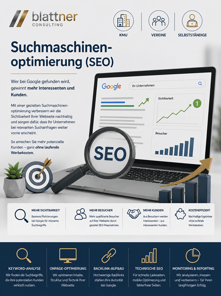 Infografik von blattner CONSULTING zum Thema „Suchmaschinenoptimierung (SEO)“. Im Zentrum steht ein Laptop mit einer simulierten Google-Suchergebnisseite sowie Diagrammen zu Sichtbarkeit und Besuchern. Eine große Lupe mit der Aufschrift „SEO“ und eine Zielscheibe verdeutlichen den Fokus. Am oberen und unteren Rand werden Vorteile und Leistungen wie Keyword-Analyse, Onpage-Optimierung und technische SEO für KMU, Vereine und Selbstständige beschrieben.