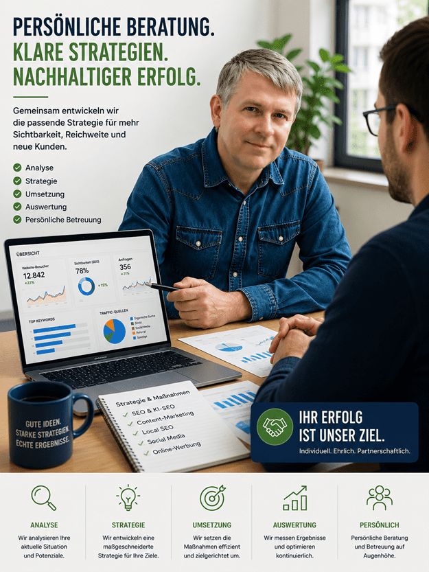 Marketing- und SEO-Beratungsszene mit zwei Personen am Tisch, Laptop mit Analyse-Dashboard, Notizen und Kaffeetasse; darüber die Botschaft ‚Persönliche Beratung. Klare Strategien. Nachhaltiger Erfolg.‘ sowie Symbole und Text zu Analyse, Strategie, Umsetzung, Auswertung und persönlicher Betreuung.