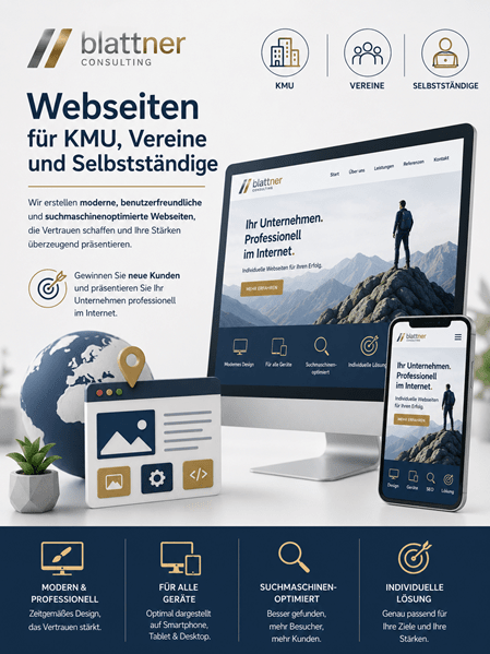 Infografik von blattner CONSULTING zum Thema „Webseiten für KMU, Vereine und Selbstständige“. Im Zentrum stehen ein Desktop-Monitor und ein Smartphone, die das responsive Design einer beispielhaften Unternehmenswebseite zeigen, sowie stilisierte 3D-Grafiken einer Website und einer Weltkugel. Am unteren Rand werden die Kernvorteile wie modernes Design, Optimierung für alle Geräte, Suchmaschinenoptimierung und individuelle Lösungen beschrieben.