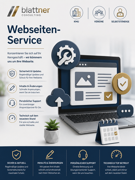 Infografik von blattner CONSULTING zum Thema „Webseiten-Service“. Im Zentrum steht ein geöffneter Laptop mit einer stilisierten Website, umgeben von 3D-Icons wie einem Zahnrad mit Schraubenschlüssel, einer Cloud mit Upload-Pfeil, einem Schutzschild und einem Kalender. Am linken und unteren Rand werden die Serviceleistungen wie Sicherheit & Updates, Inhalte & Änderungen, persönlicher Support und technischer Support für KMU, Vereine und Selbstständige beschrieben.