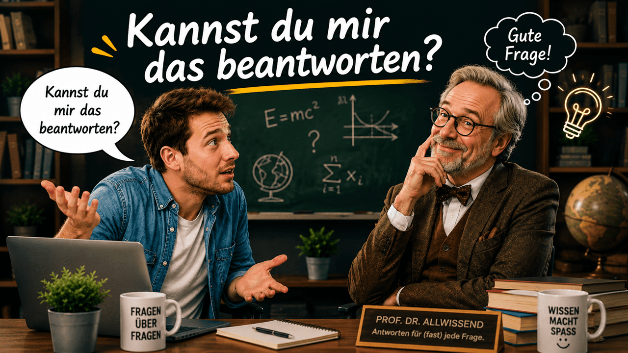 Kannst du mir das beantworten? Lockeres, humorvolles Bild mit zwei Personen in einer gemütlichen Büro- und Lernatmosphäre. Eine Person stellt neugierig eine Frage, während ein lächelnder Professor mit nachdenklicher Pose aufmerksam zuhört. Im Hintergrund befinden sich eine Tafel mit Formeln, Bücher und ein leuchtendes Glühbirnen-Symbol als Sinnbild für Wissen und gute Ideen. Das Bild steht für häufig gestellte Fragen (FAQ), kompetente Beratung, Wissensvermittlung, IT, Künstliche Intelligenz (KI), Webdesign, Online-Marketing, SEO und praxisnahe Unterstützung durch Blattner Consulting.