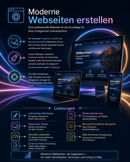 Moderne Webseiten erstellen Eine professionelle Webseite ist die Grundlage für Ihren erfolgreichen Internetauftritt. Wir entwickeln moderne, schnelle und benutzerfreundliche Webseiten, die auf allen Geräten op­ti­mal dargestellt werden und Besucher überzeugen. Unsere Webseiten verbinden modernes Design mit technischer Qualität, hoher Be­nut­zer­freund­lich­keit und einer optimalen Grundlage für Suchmaschinen sowie KI-Systeme.
